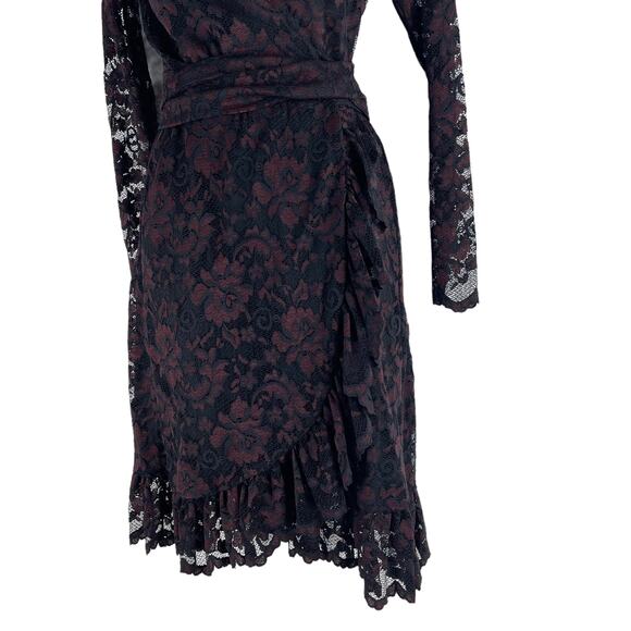 Ganni Flynn Lace Ruffle Wrap Dress Burgundy Black Size 2 - Picture 6 of 11